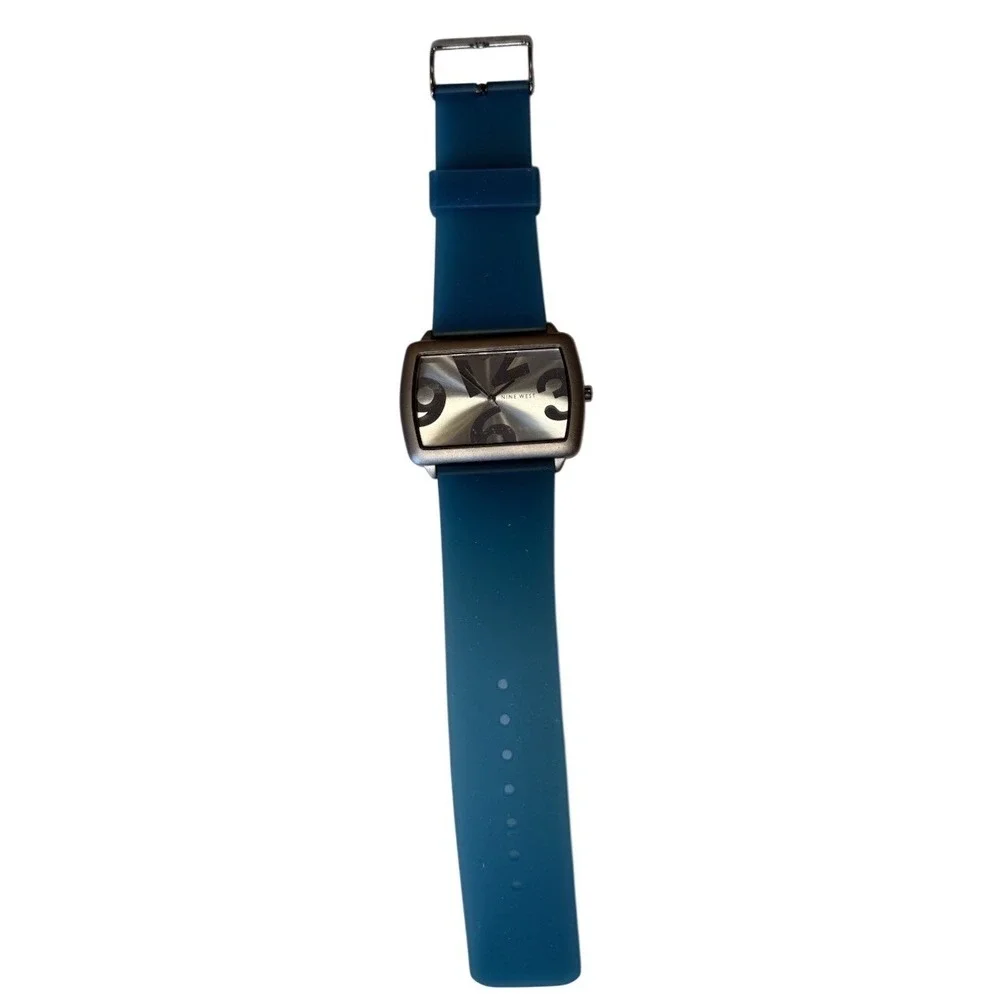 Nine West Watch Womens OS Blue Silver Rectangular Dial Silicone Band Bold Modern
